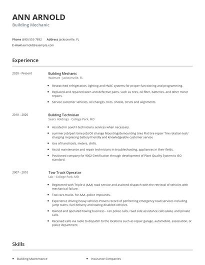 Building Mechanic Resume
