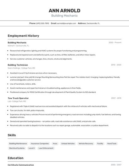 Building Mechanic Resume