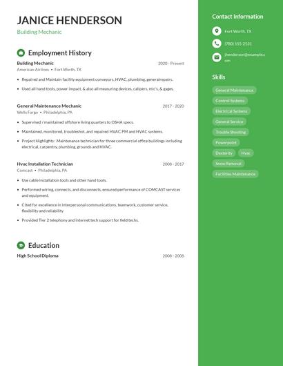 Building Mechanic Resume