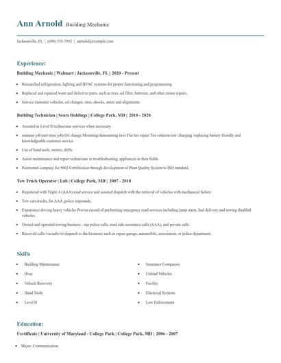 Building Mechanic Resume