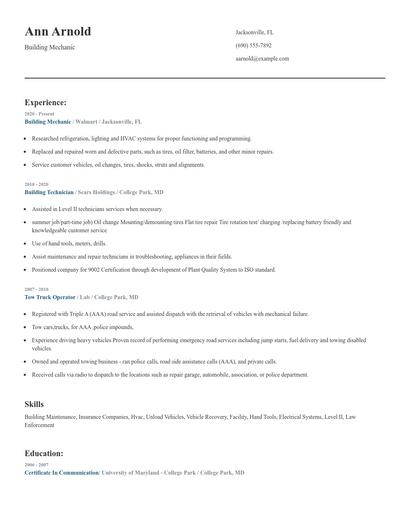 Building Mechanic Resume