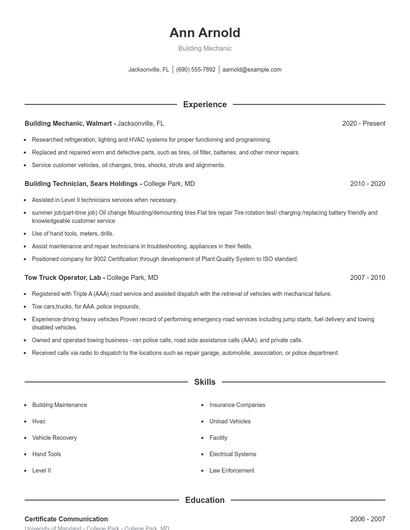 Building Mechanic Resume