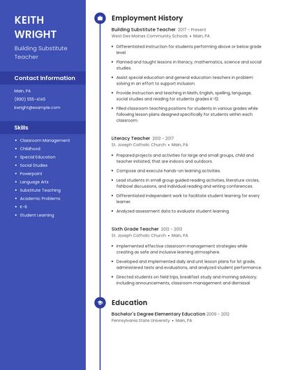 Building Substitute Teacher Resume