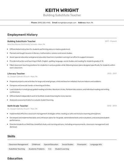 Building Substitute Teacher Resume