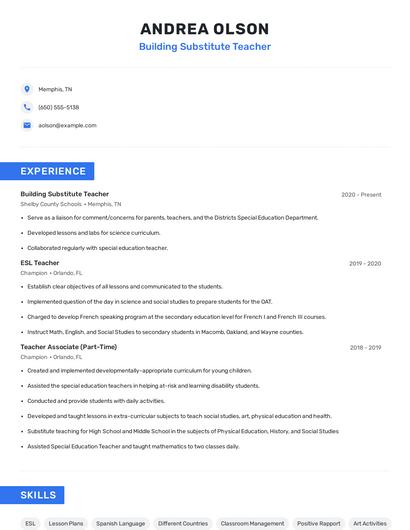 Building Substitute Teacher Resume