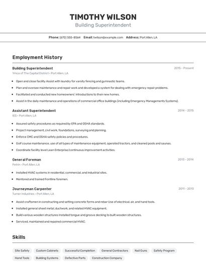 Building Superintendent Resume