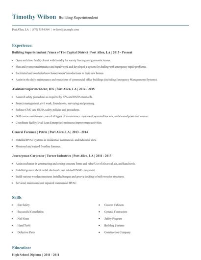 Building Superintendent Resume