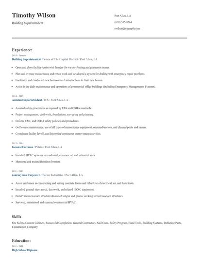Building Superintendent Resume