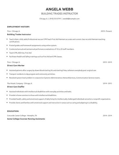 Building Trades Instructor Resume