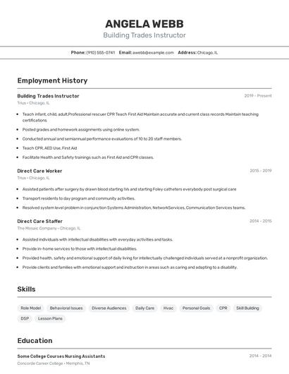 Building Trades Instructor Resume