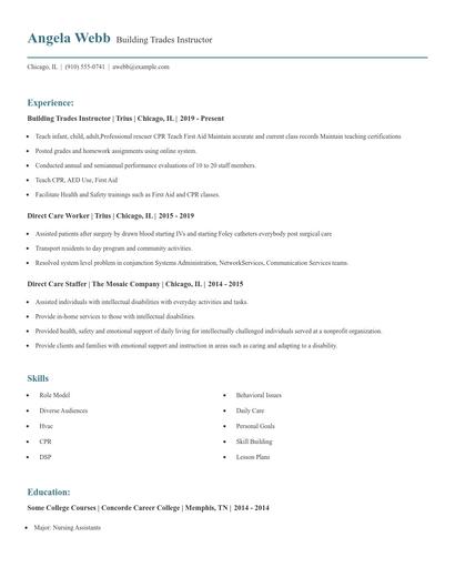 Building Trades Instructor Resume