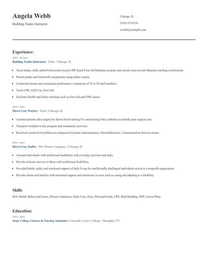 Building Trades Instructor Resume