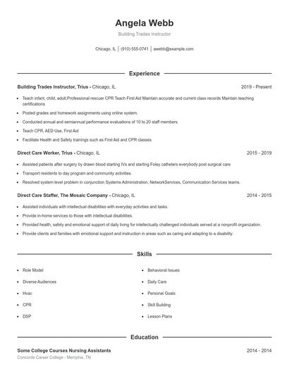 Building Trades Instructor Resume