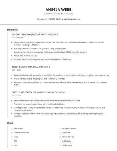 Building Trades Instructor Resume