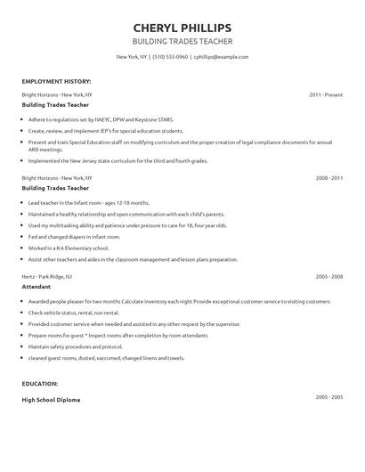 Building Trades Teacher Resume