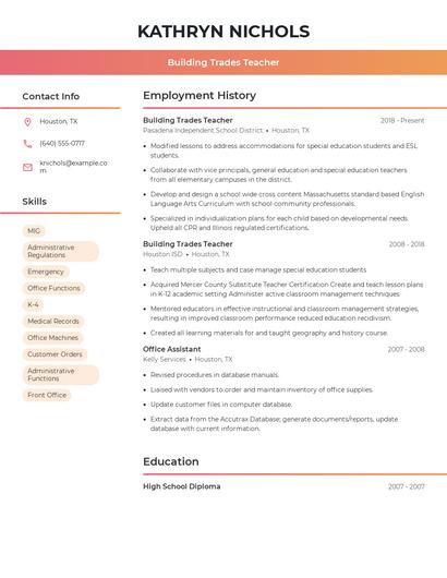 Building Trades Teacher Resume