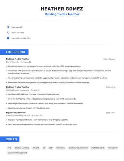 Building Trades Teacher Resume