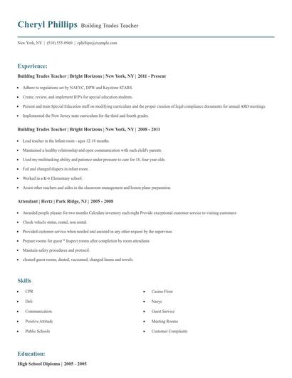 Building Trades Teacher Resume