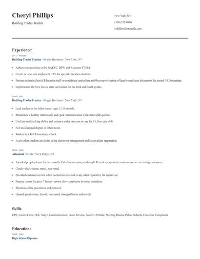 Building Trades Teacher Resume