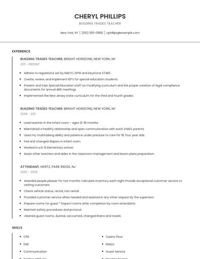 Building Trades Teacher Resume
