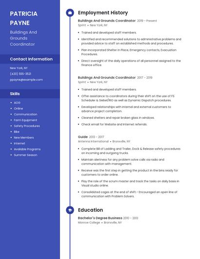 Buildings And Grounds Coordinator Resume