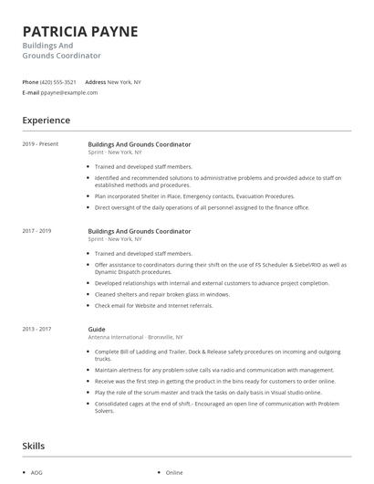 Buildings And Grounds Coordinator Resume