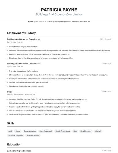 Buildings And Grounds Coordinator Resume