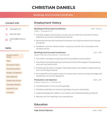 Buildings And Grounds Coordinator Resume