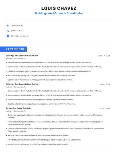 Buildings And Grounds Coordinator Resume