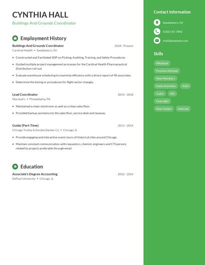Buildings And Grounds Coordinator Resume