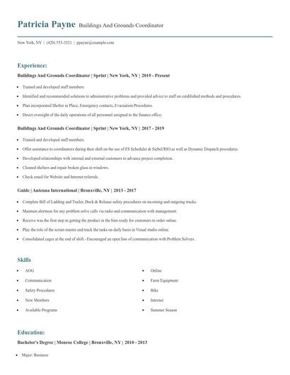 Buildings And Grounds Coordinator Resume