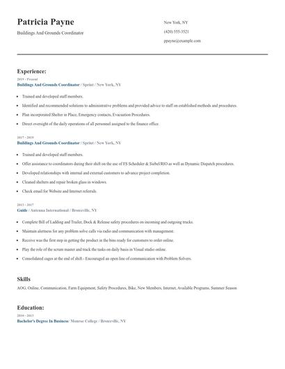 Buildings And Grounds Coordinator Resume