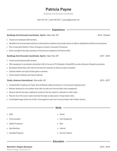 Buildings And Grounds Coordinator Resume