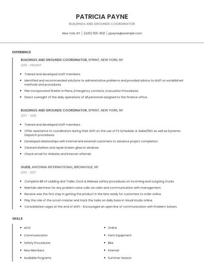 Buildings And Grounds Coordinator Resume