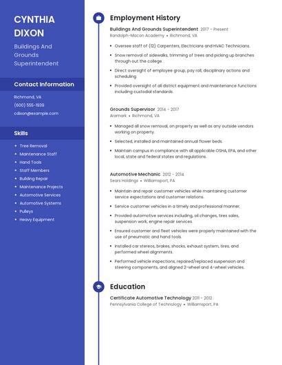 Buildings And Grounds Superintendent Resume