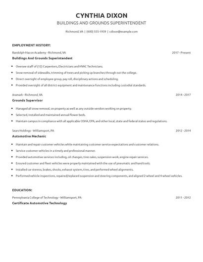 Buildings And Grounds Superintendent Resume