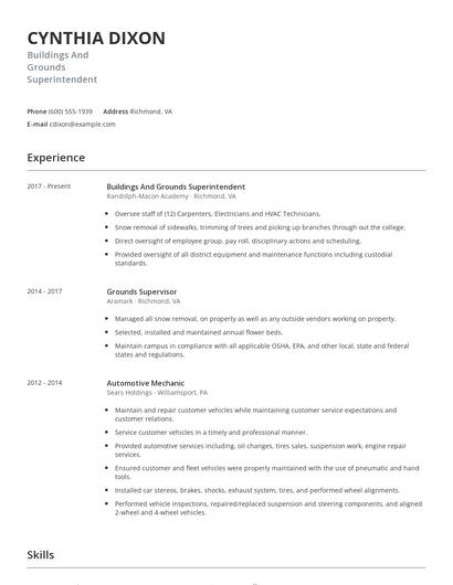 Buildings And Grounds Superintendent Resume