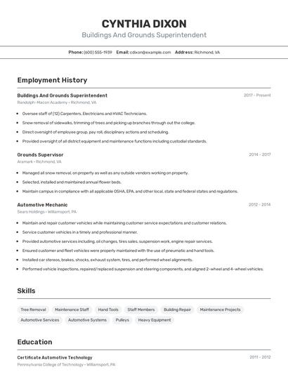 Buildings And Grounds Superintendent Resume
