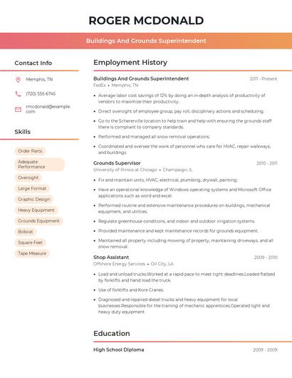 Buildings And Grounds Superintendent Resume