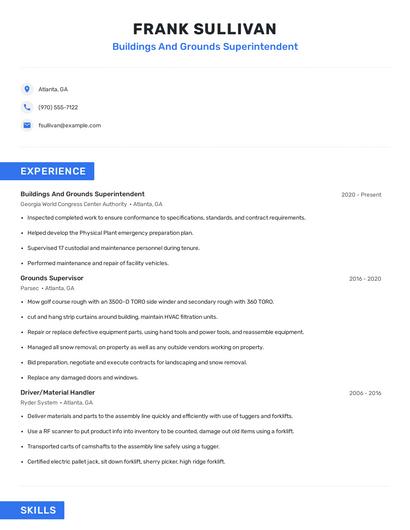 Buildings And Grounds Superintendent Resume