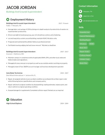 Buildings And Grounds Superintendent Resume