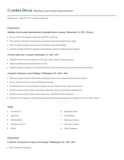 Buildings And Grounds Superintendent Resume
