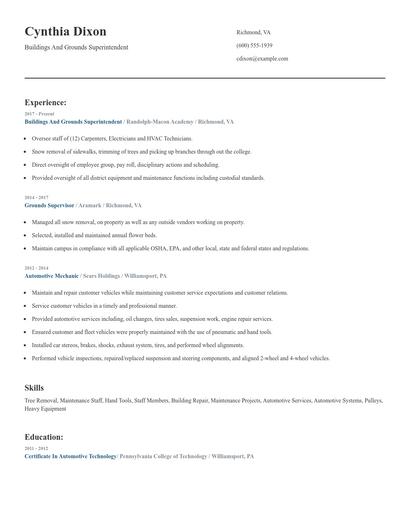 Buildings And Grounds Superintendent Resume