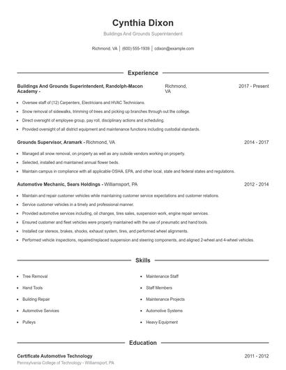 Buildings And Grounds Superintendent Resume