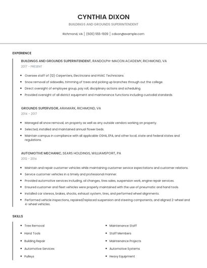 Buildings And Grounds Superintendent Resume