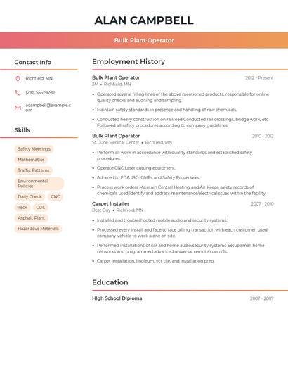 Bulk Plant Operator Resume