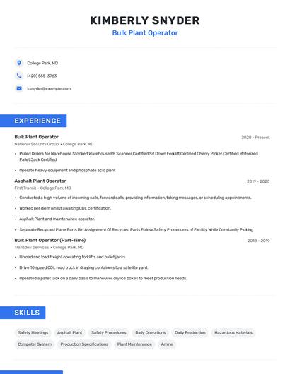Bulk Plant Operator Resume