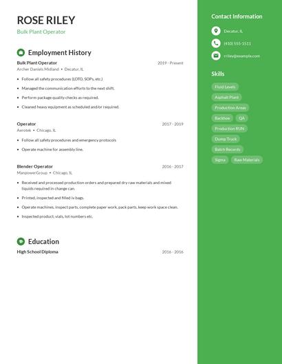 Bulk Plant Operator Resume