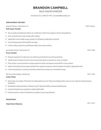 Bulk Sugar Handler Resume