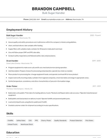 Bulk Sugar Handler Resume